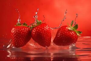 a group of strawberries splashing into strawberry juice. photo