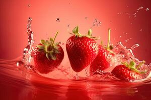 a group of strawberries splashing into strawberry juice. photo