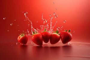 a group of strawberries splashing into strawberry juice. photo