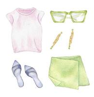 Set of woman's summer clothes watercolor illustration isolated on white. Woman's style outfit of T-shirt, skirt, shoes and sunglasses hand drawn. Design for shop, sale, magazine, packaging, showcase vector