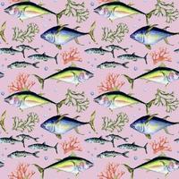 Various wild sea fish seamless pattern watercolor illustration isolated on pink. vector