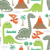 Seamless pattern of dinosaurs cartoon, prehistoric elements vector illustration