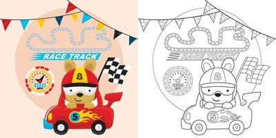 Vector cartoon of cute bunny on racing car, car racing elements, coloring book or page
