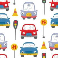 Seamless pattern of funny cars cartoon with traffic signs vector