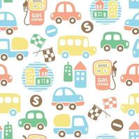 Seamless pattern vector of colorful vehicles with buildings, traffic elements cartoon