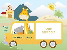 Vector cartoon of rhino driving school bus with giraffe and frog on rural scenery background with school building, text template for invitation card