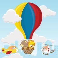 Vector cartoon of bear and lion on hot air balloon, funny air transportations on buildings background