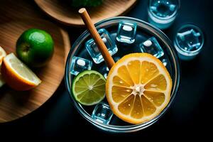 Refreshing Fruity Summer Drink on Table with Lemon and Mint photo