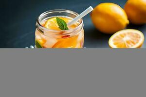 Refreshing Fruity Summer Drink on Table with Lemon and Mint photo