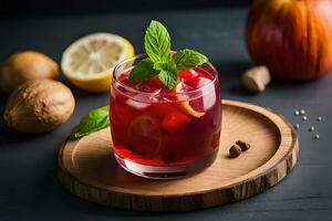 Refreshing Fruity Summer Drink on Table with Lemon and Mint photo