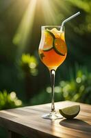 Refreshing Fruity Summer Drink on Table with Lemon and Mint photo