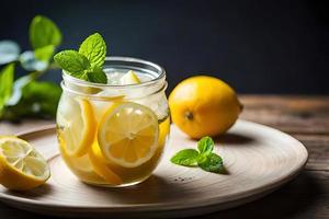 Refreshing Fruity Summer Drink on Table with Lemon and Mint photo