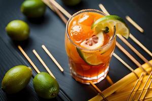 Refreshing Fruity Summer Drink on Table with Lemon and Mint photo