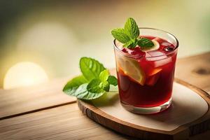 Refreshing Fruity Summer Drink on Table with Lemon and Mint photo