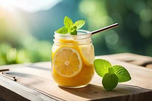 Refreshing Fruity Summer Drink on Table with Lemon and Mint photo