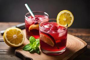 Refreshing Fruity Summer Drink on Table with Lemon and Mint photo