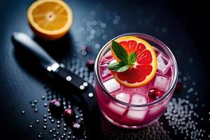 Refreshing Fruity Summer Drink on Table with Lemon and Mint photo