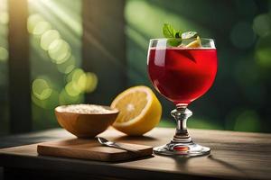 Refreshing Fruity Summer Drink on Table with Lemon and Mint photo