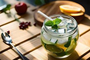 refrescante sabroso verano bebida en mesa con limón y menta foto