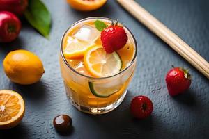 Refreshing Fruity Summer Drink on Table with Lemon and Mint photo