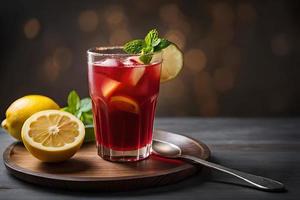 Refreshing Fruity Summer Drink on Table with Lemon and Mint photo