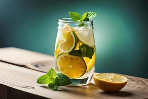 Refreshing Fruity Summer Drink on Table with Lemon and Mint photo