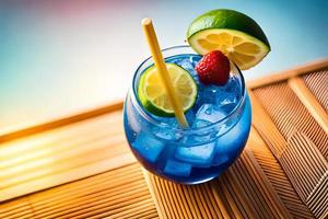 Refreshing Fruity Summer Drink on Table with Lemon and Mint photo