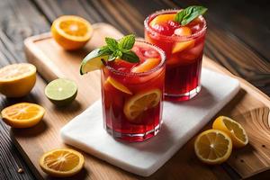 Refreshing Fruity Summer Drink on Table with Lemon and Mint photo