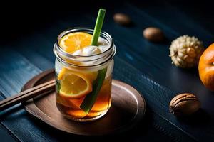 Refreshing Fruity Summer Drink on Table with Lemon and Mint photo