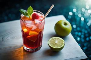 Refreshing Fruity Summer Drink on Table with Lemon and Mint photo