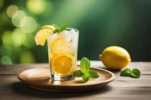 Refreshing Fruity Summer Drink on Table with Lemon and Mint photo