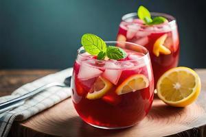 Refreshing Fruity Summer Drink on Table with Lemon and Mint photo