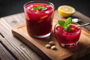 Refreshing Fruity Summer Drink on Table with Lemon and Mint photo