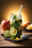 Refreshing Fruity Summer Drink on Table with Lemon and Mint photo