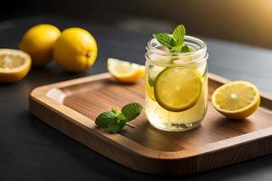 Refreshing Fruity Summer Drink on Table with Lemon and Mint photo