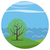 Vector landscape with a lonely tree on the background of the sea in a circle.