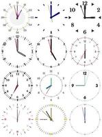 un conjunto de diferente mecánico relojes con un imagen de cada de el doce horas. reloj cara en blanco antecedentes. vector