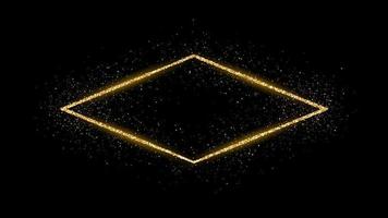 Golden rhombus frame with glitter, sparkles and flares on dark background. Empty luxury backdrop. Vector illustration.