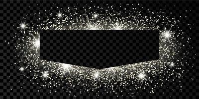 Silver frame with glitter, sparkles and flares on dark background. Empty luxury backdrop. Vector illustration