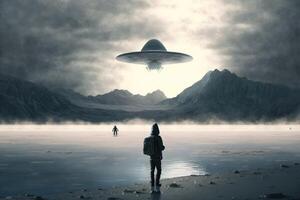 ai generado OVNI y extraterrestre concepto. un no identificado volador objeto y simpático extraterrestre visitantes foto