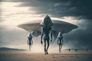 UFO and Alien Concept. In the distance other members of the alien species could be seen moving and teeming with civilizations advanced beyond human comprehension. photo