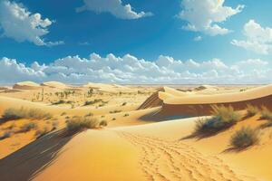 Vast desert landscape with sand dunes stretching as far as the eye can see and a bright blue sky overhead. photo