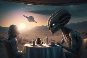 UFO and Alien Concept. An unidentified flying object and friendly extraterrestrial visitors. photo