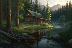 Serene countryside scene. Peaceful stream winding through a verdant forest and a charming wooden cabin perched on the edge of the water. photo