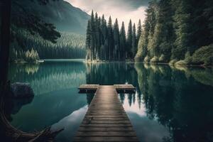 Serene lake surrounded by towering trees, with a small wooden dock extending out into the water. photo