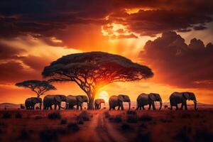 Majestic savannah with a herd of elephants grazing in the distance and a fiery sunset sky in the background. photo