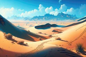 Vast desert landscape with sand dunes stretching as far as the eye can see and a bright blue sky overhead. photo