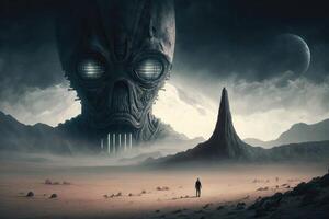UFO and Alien Concept. Towering alien are studying the strange planet with intense curiosity. Alien civilization in the barren landscape. photo
