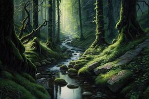 Serene and quiet forest scene, with towering trees, a babbling brook, and a soft carpet of green moss. photo