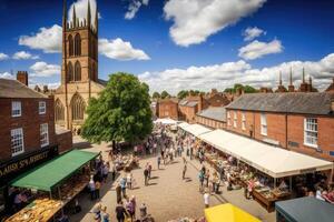 Picturesque countryside town, with red-brick buildings and a central square filled with bustling market stalls photo